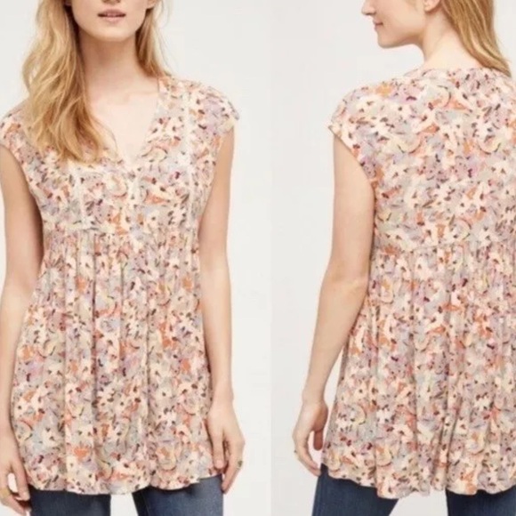 Anthropologie Vanessa Virginia Floral Cap Sleeve Babydoll Top Woman’s Size S - Picture 1 of 11